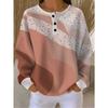 Standard Size Women's Three-Button Henley Collar Waffle Long-Sleeve Top Features a Coffee-colored Wavy Polka Dot Print.