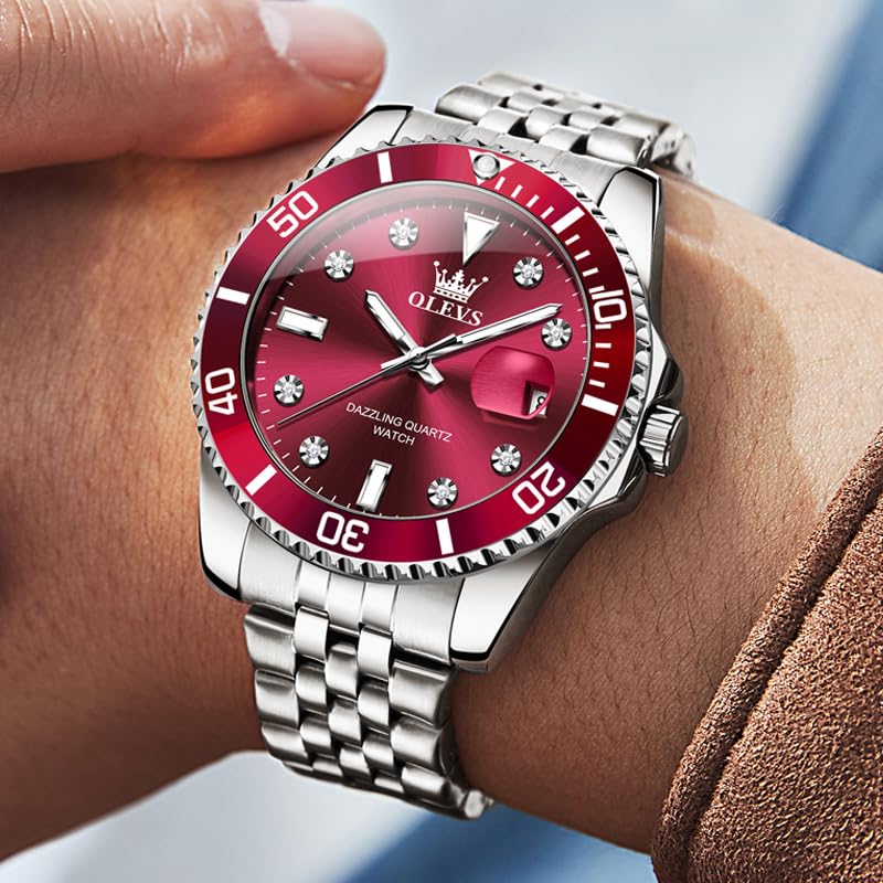 OLEVS Quartz Business Stylish Watch Waterproof Diamond Metal Band Date Luminous Present Watch for Men Red Men's Men's