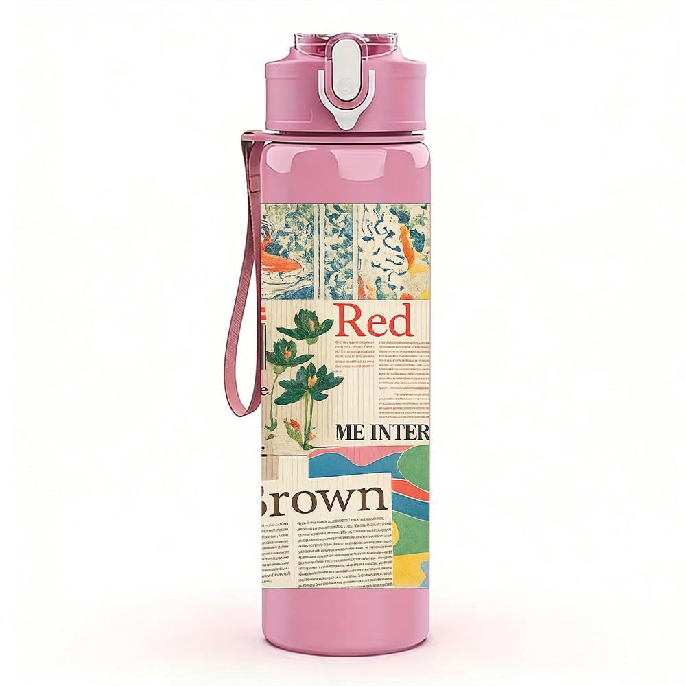 1PC Vintage Newspaper Letter Print 750ml Color Plastic Sports Water Bottle Leakproof Flip Straw Lid Suitable for Sports Office Home Use