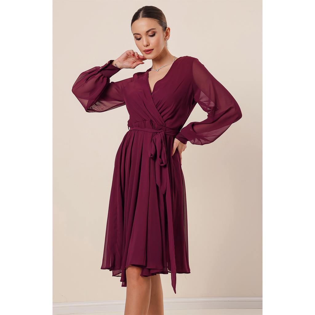 Шифоновое платье с двубортным вырезом и длинными рукавами на подкладке