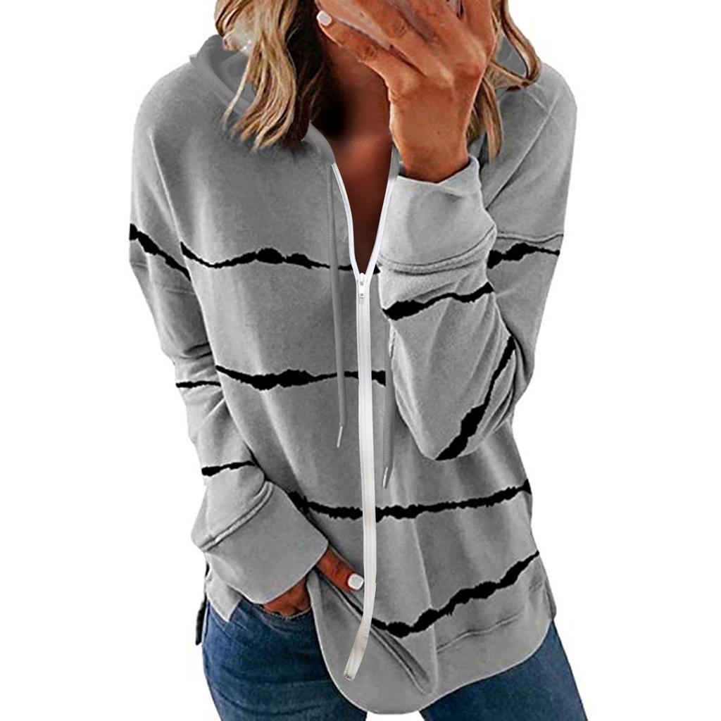 Womens Hoodie Striped Full Zip Long Sleeve Lightweight Sweatshirts Jacket Coat