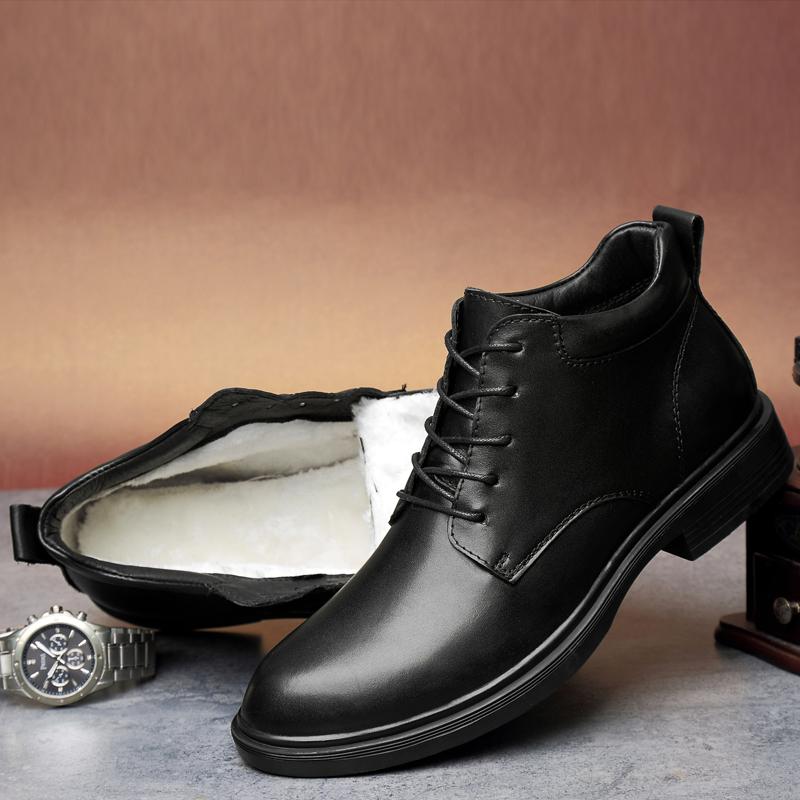Luxury Brand Winter Mens Snow Boots Fashion Lace-up Ankle Boots Genuine Leather Warm Plush Men Boots Outdoor Men Business Shoes