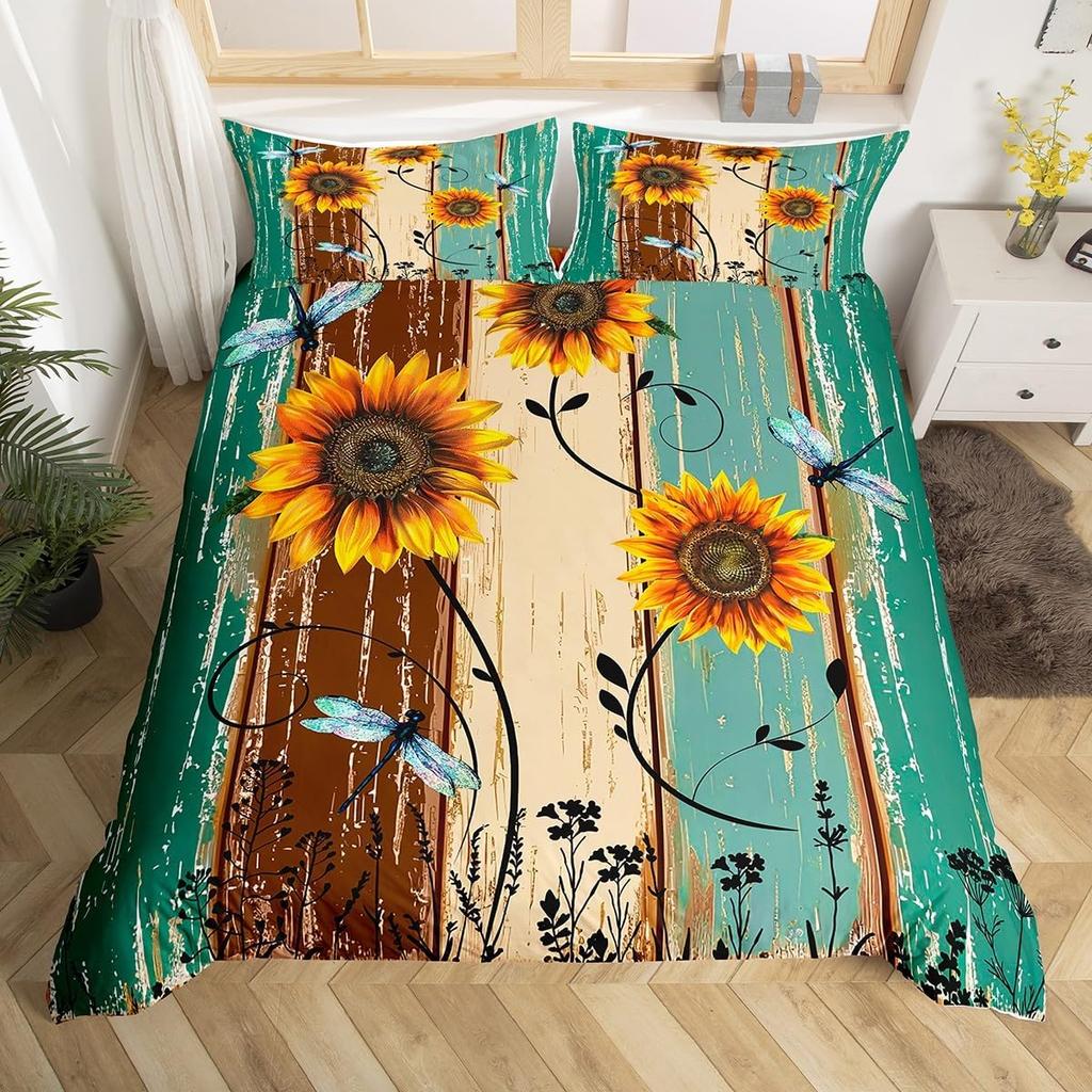 Rustic Farmhouse Bedding Sets Queen Country Butterfly Sunflower Duvet Cover Retro Barn Door Comforter Cover Cabin Lodge Bed Set