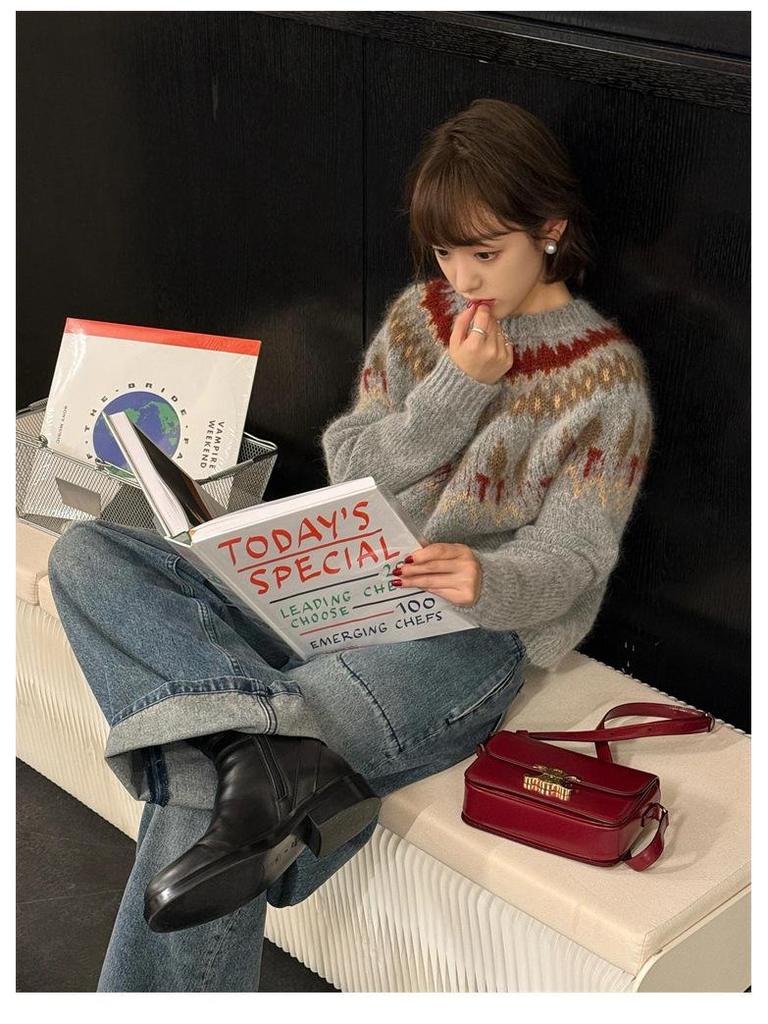 Темно-синий свитер из мохера с жаккардовым узором в стиле Fair Isle для женщин - Осень/Зима Корейский стиль Рождественская атмосфера Свободный крой