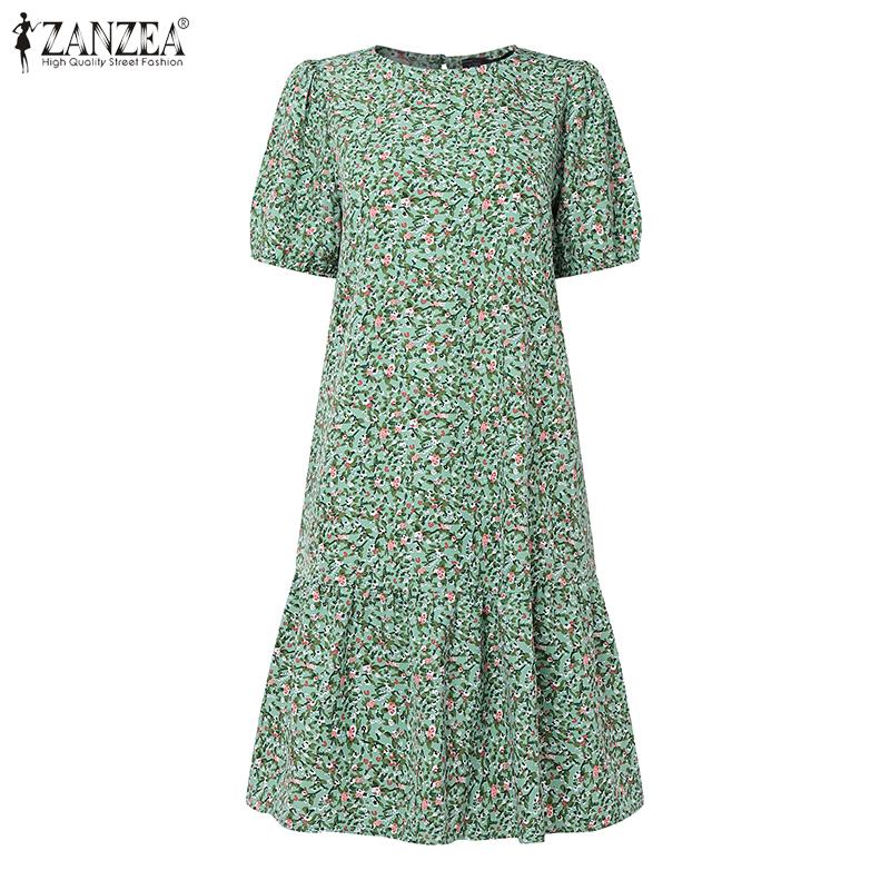 ZANZEA Women's Summer Round Neck Short-Sleeve Floral Print Dress