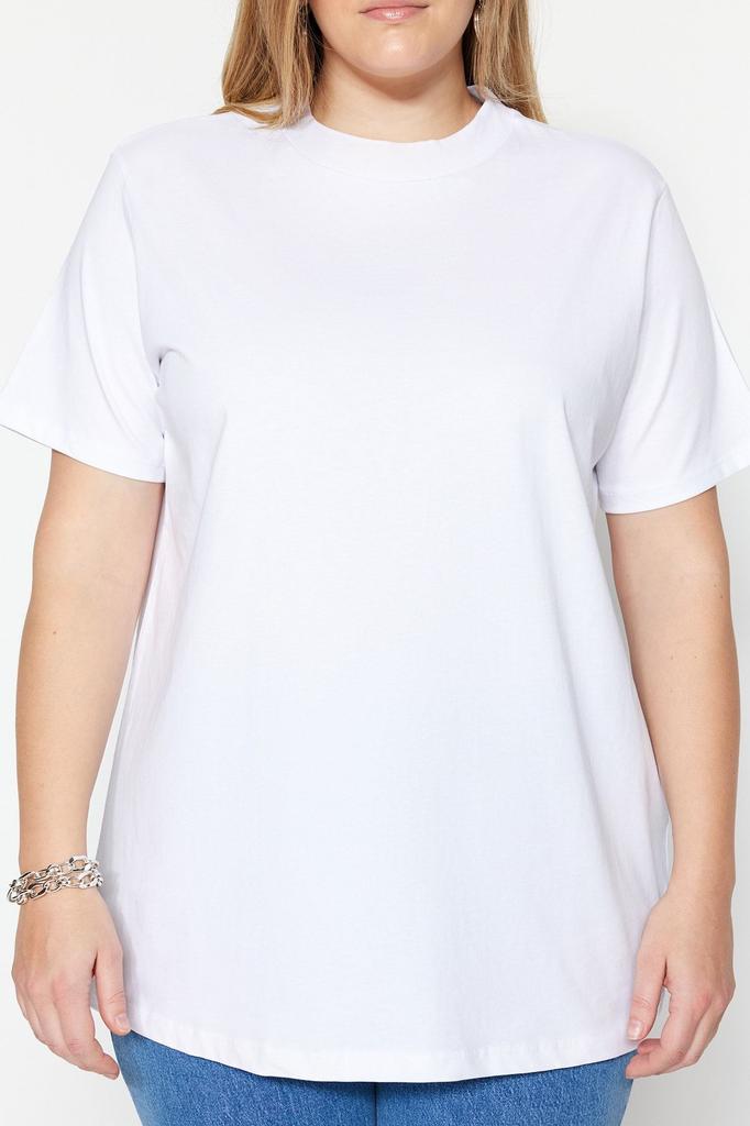 Women's Style Plus Size White Navy Blue Ribbed Collar Boyfriend Knitted T-shirt