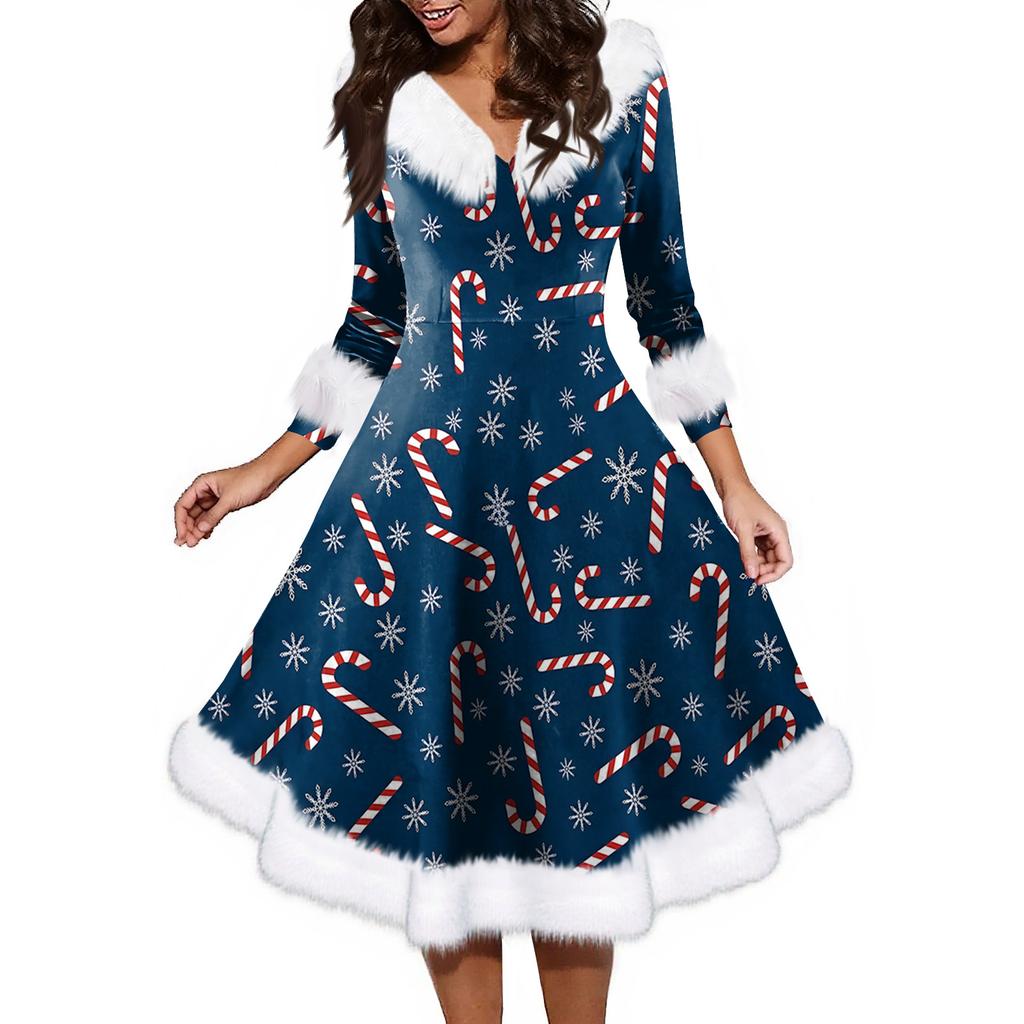 Женское модное повседневное платье с v-образным вырезом и рождественским принтом для вечеринки с длинными рукавами