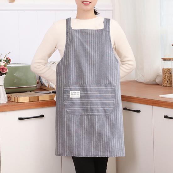 Yousheng Cooking Apron Stripe Printing Front Pocket Sleeveless Anti-dirty Kitchen Women Doing Housework Clothes Protector Apron Daily Use