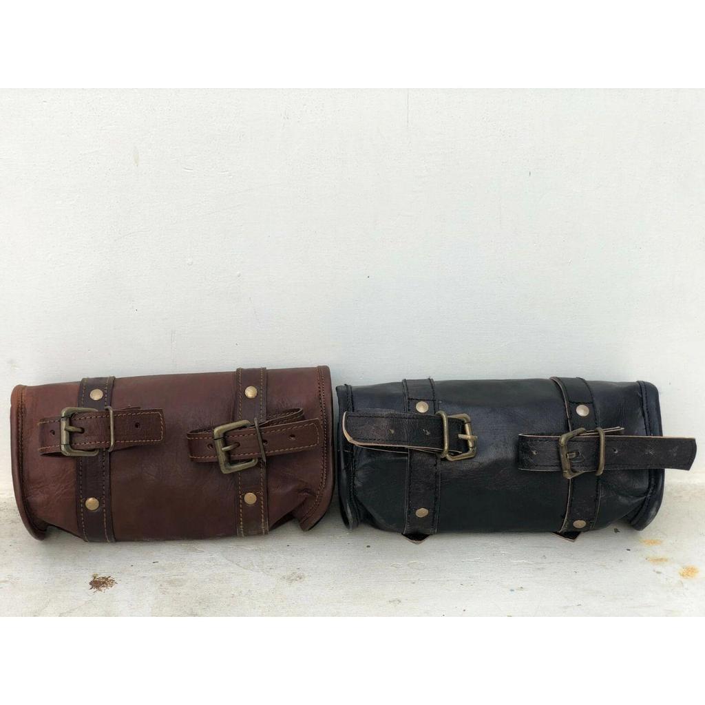 Motorcycle Side Pouch Bag Brown Black Leather Round Pouch Saddle Bags Panniers