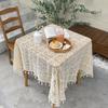 Hollow Crochet Lace Tablecloth Beige Cotton Thread Knitted Plaid Dining Table Cloth Fringed Circular Square Desktop Cover