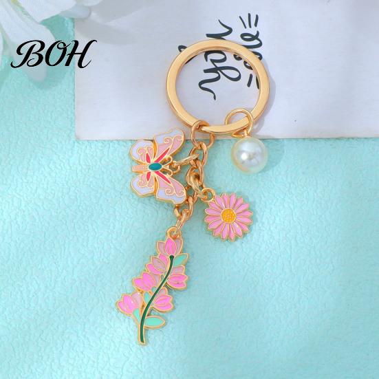 Butterfly Keychain Pendant with Round Imitation Pearls, Flower Enamel Charm Decorative Key Ring, Pastoral Style Layered Holder