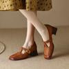 Fashion NEW Spring Women Pumps Genuine Leather Shoes for Women Square Toe Chunky Heel Shoes Retro High Heel Mary Janes Retro Brown Shoes