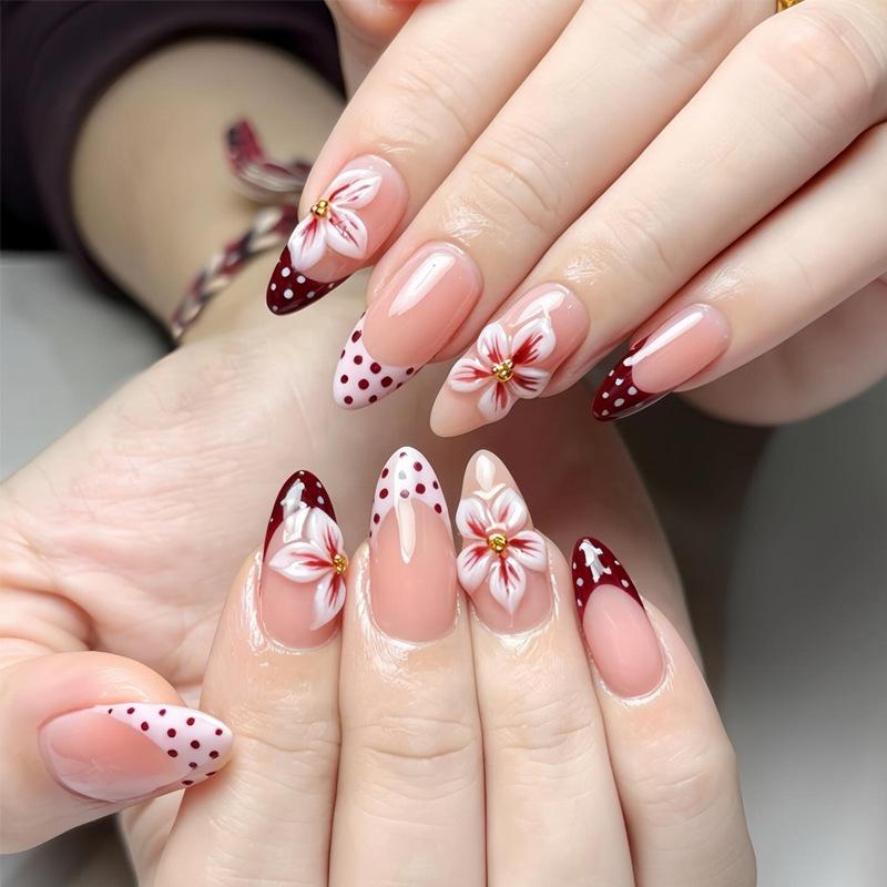 Red And White Contrasting Polka Dot Manicure, Three-dimensional Flower Wearable Nails, Casual Whitening Nails, Fake Nails