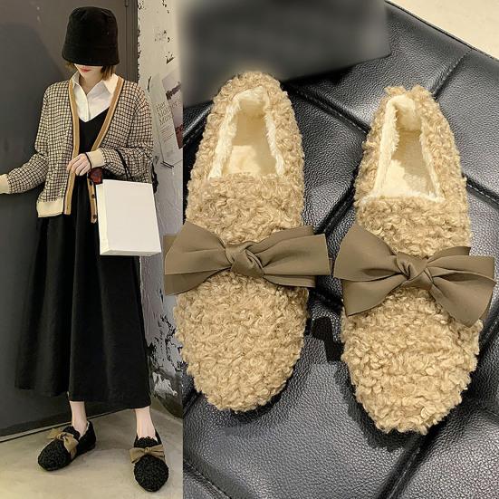 Women Autumn Winter Bowknot Anti-skid Thicken Warm Walking Loafers Shoes