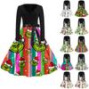 Women's Fashion V-neck Casual Slim-fit Christmas Print Long-sleeved Dress