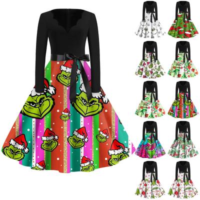 Женское модное платье с V-образным вырезом, повседневное, приталенное, с рождественским принтом, с длинным рукавом