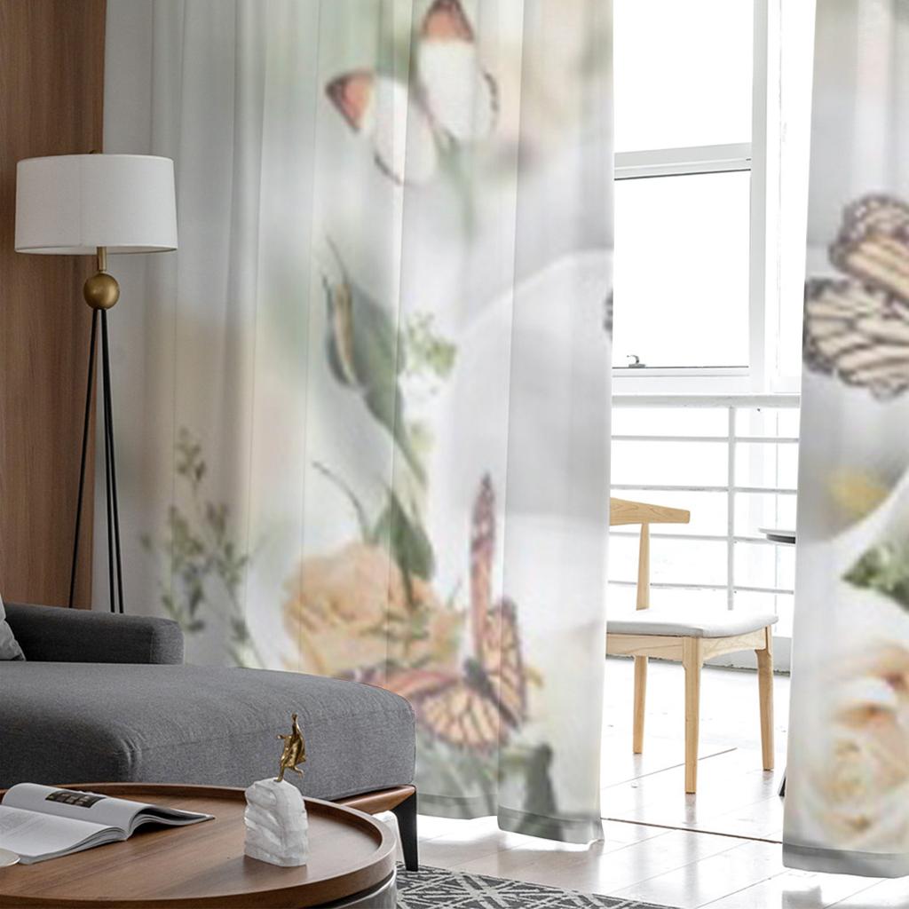 Yellow Roses And White Calla Lilies Butterfly Flower Tulle Sheer Curtains for Living Room Kitchen Decor Voile Organza Curtain