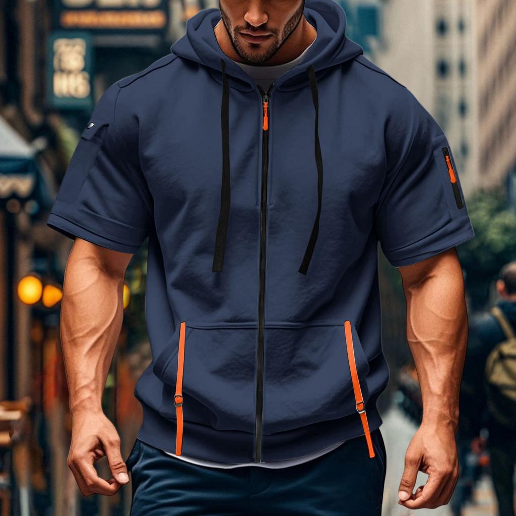 Men's Casual Short-sleeved Sweatshirt. Loose And Breathable Solid-color Sweatshirt Jacket With Multiple Pockets And A Zipper.