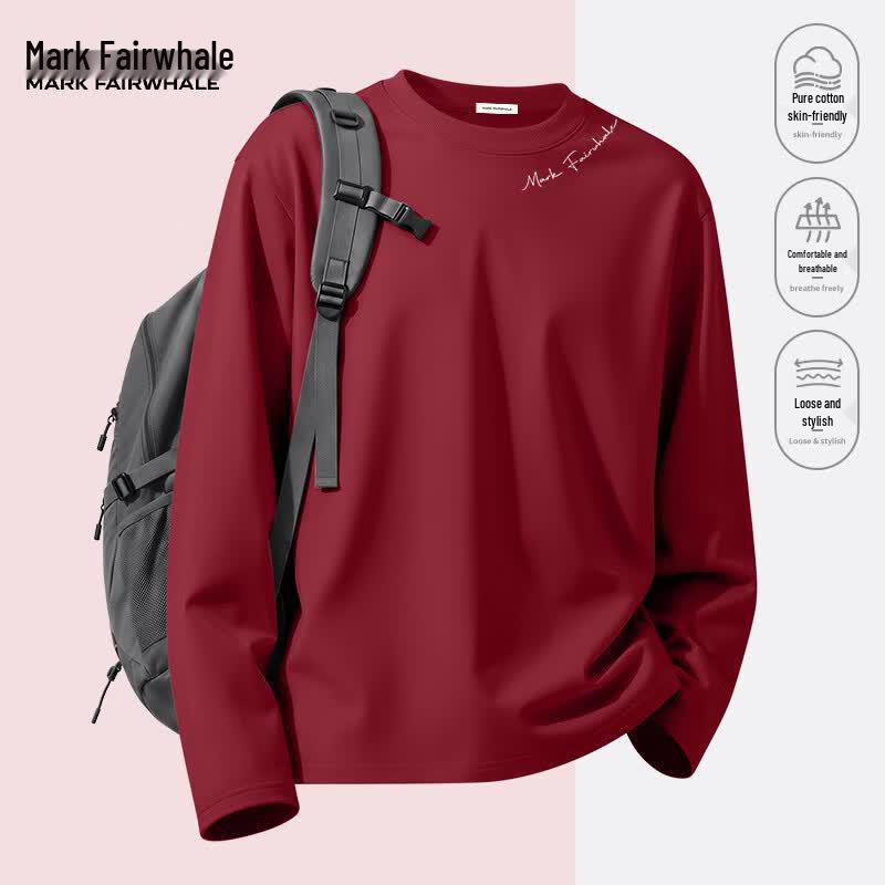 MARK FAIRWHALE Men's Loose Fit Pure Cotton Long Sleeve Crew Neck T-Shirt