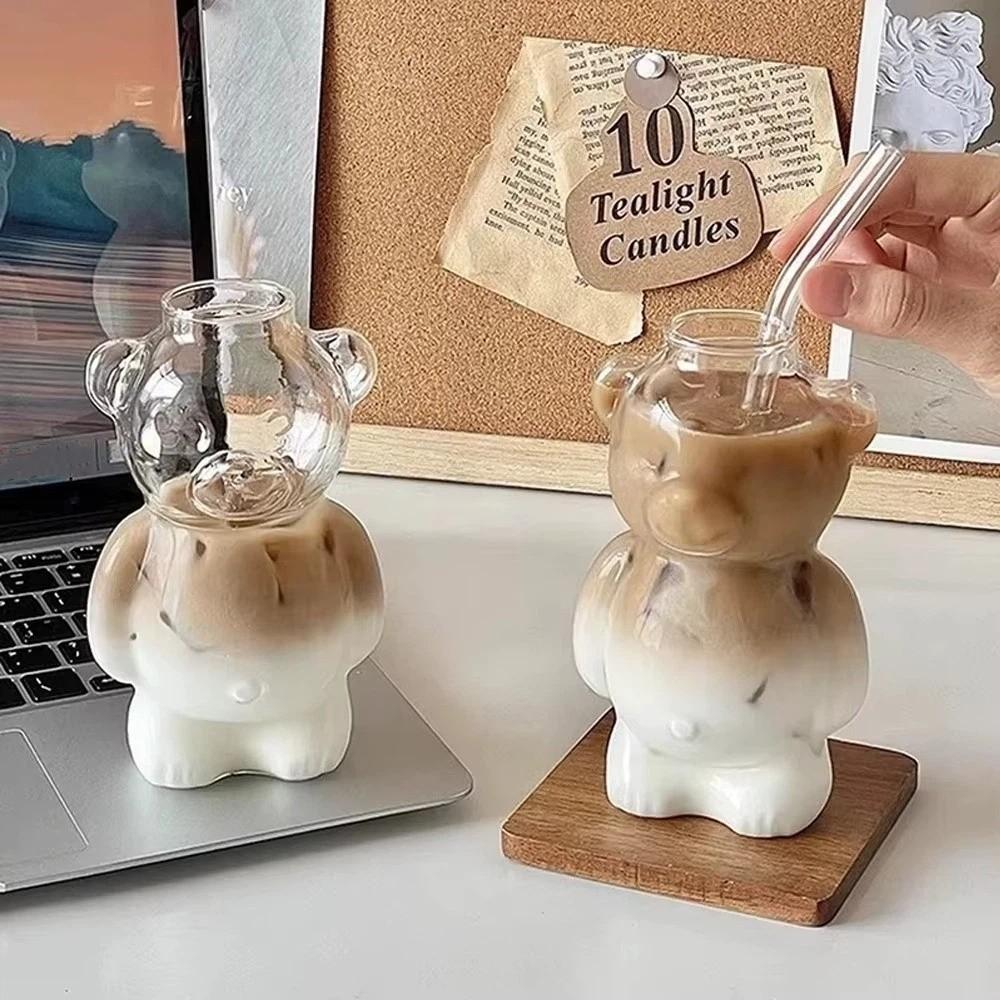 320ML Bear Coffee Mug Large Capacity Milk Tea Straw Cup Multi-purpose Clear Bear Glassware Water
