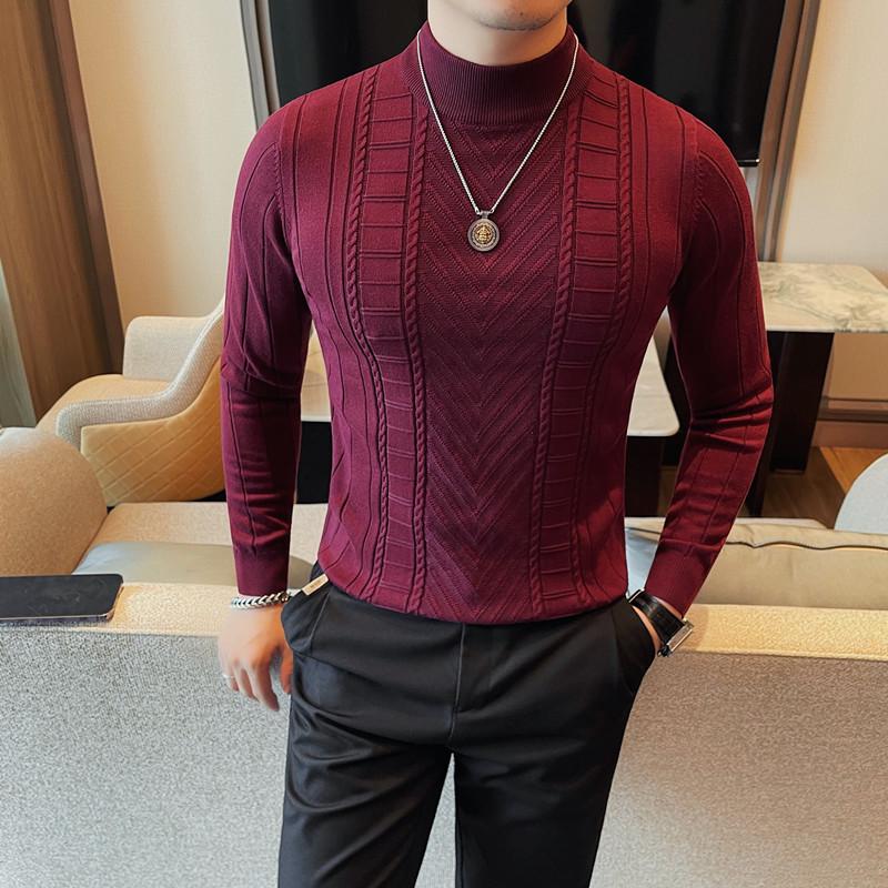 Men's Slim Fit Korean Style Half Turtleneck Knit Sweater - Long Sleeve, Versatile, and Stylish for Autumn and Winter