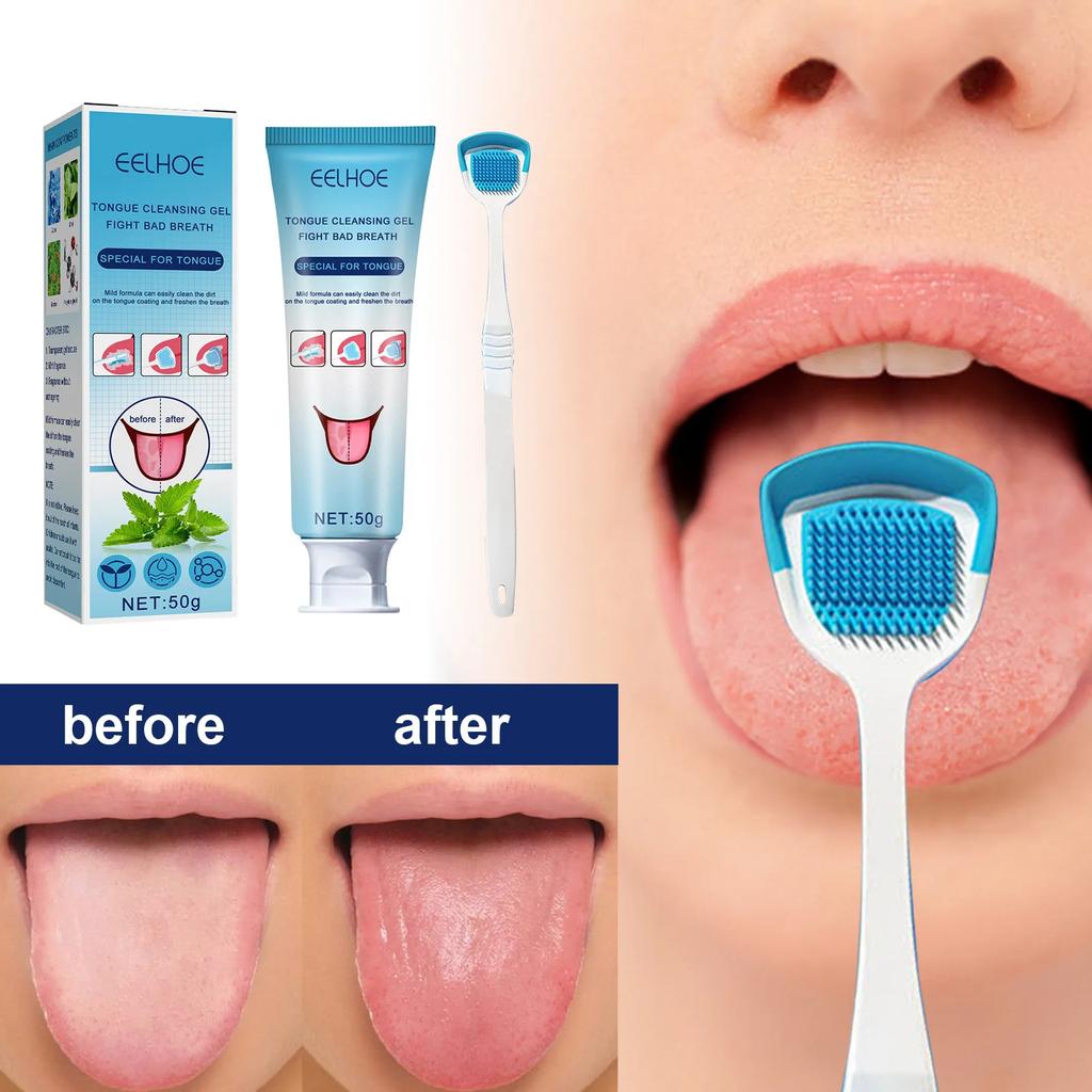 Eelhoe Tongue Cleaning Gel With Brush Oral Care Removal Odor Health Fresh Breath Care Dental Hygiene Tools Coating Cleaning Kit