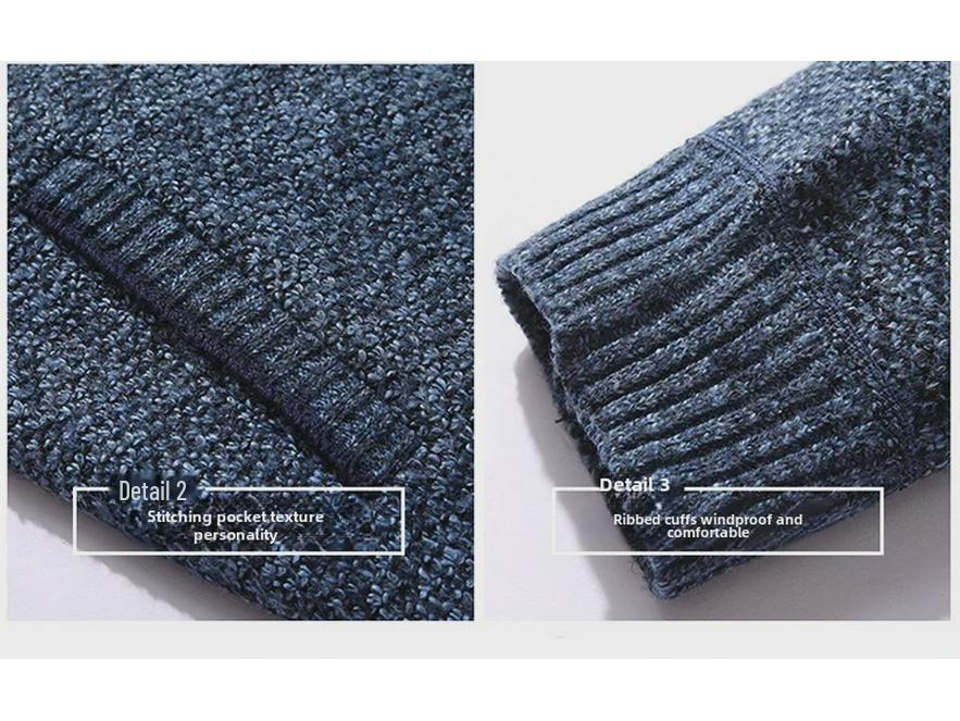 Men's Autumn/Winter Plus Velvet Zipper Knitted Cardigan Jacket with Stand Collar and Solid Color