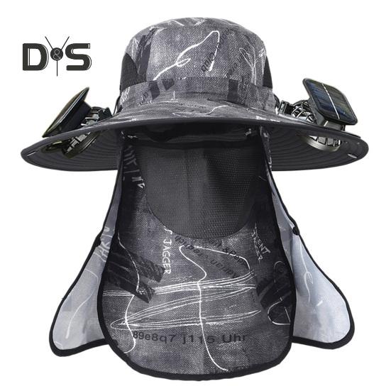 Wide Brim Sun Hat with 2 Solar Fan UV Protection Bucket Hat with Neck Flap And Face Guard 3 Speed Adjustable Fan Hat for Outdoor Fishing Camping
