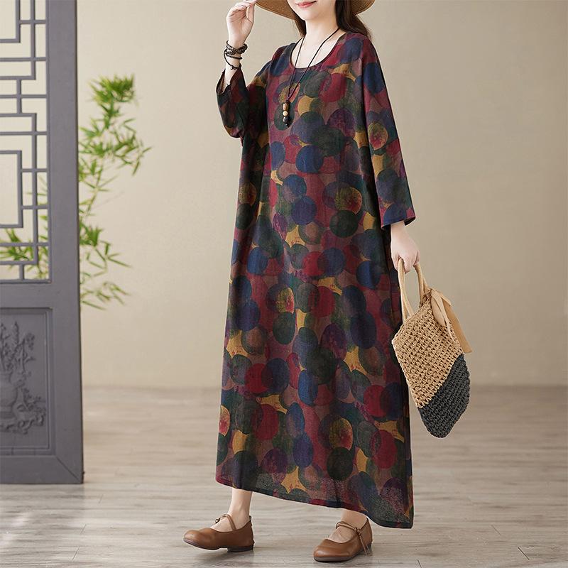Весеннее цветное платье в стиле «отпуск», для путешествий в стиле ретро, свободное, повседневное, большого размера, с длинными рукавами, из хлопка и льна