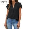 INDFS Женская мода Повседневная Летняя Весна Однотонный Принт Короткие Рукава V-образный Вырез Блузки и Рубашки