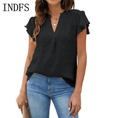 INDFS Женская мода Повседневная Летняя Весна Однотонный Принт Короткие Рукава V-образный Вырез Блузки и Рубашки