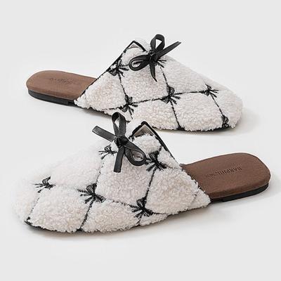 Модные милые домашние тапочки с декоративным бантом, женские модные клетчатые пушистые хлопковые тапочки, удобные нескользящие плоские современные тапочки