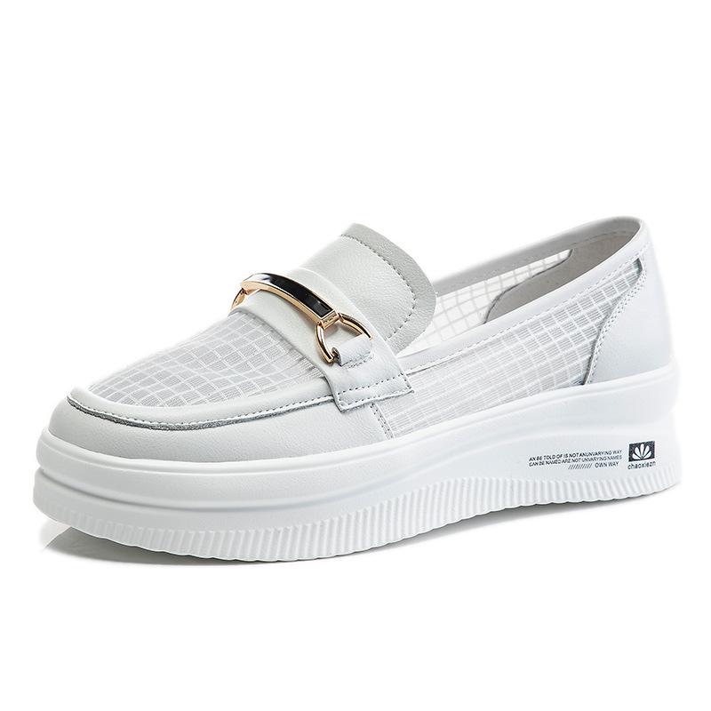 Leather little white shoes women's 2025 summer new thick-soled heightening one-pedal casual single shoes women's mesh breathable women's shoes