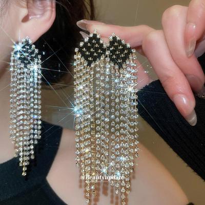 Серьги-гвоздики с геометрической бахромой из страз Silver Needle - Элегантные высококачественные серьги-пусеты