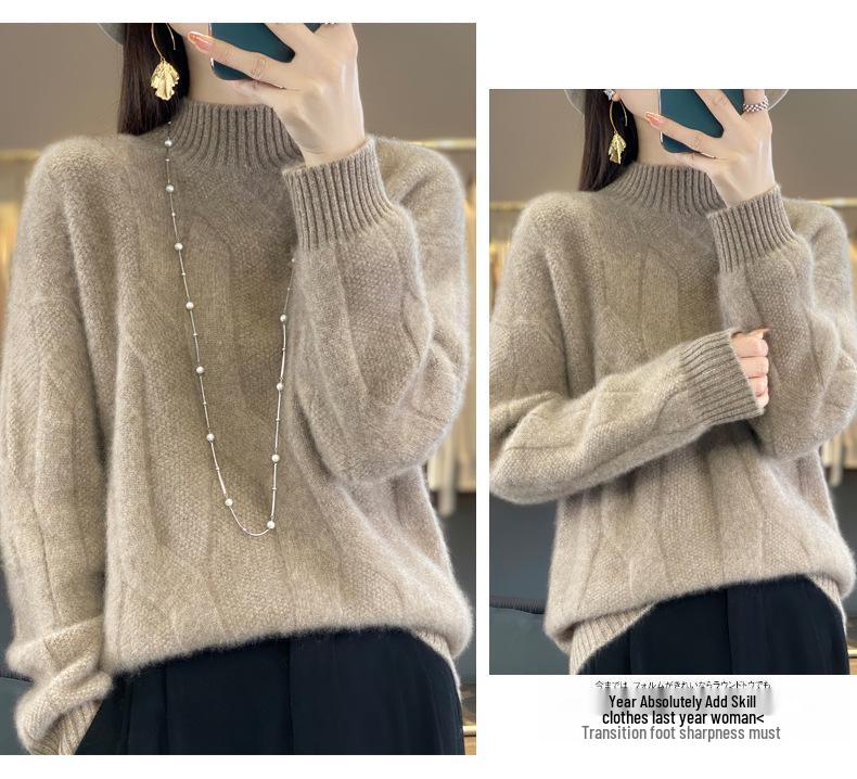 100% Pure Wool High Neck Sweater: Soft, Smooth, Thick Cashmere, Loose Knit Base Layer for Autumn/Winter