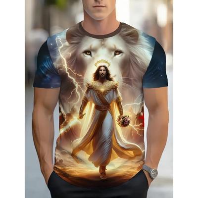 Мужская футболка с полной печатью с графикой Иисуса и льва, топы, повседневная футболка с коротким рукавом и круглым вырезом, летняя оверсайз мужская футболка