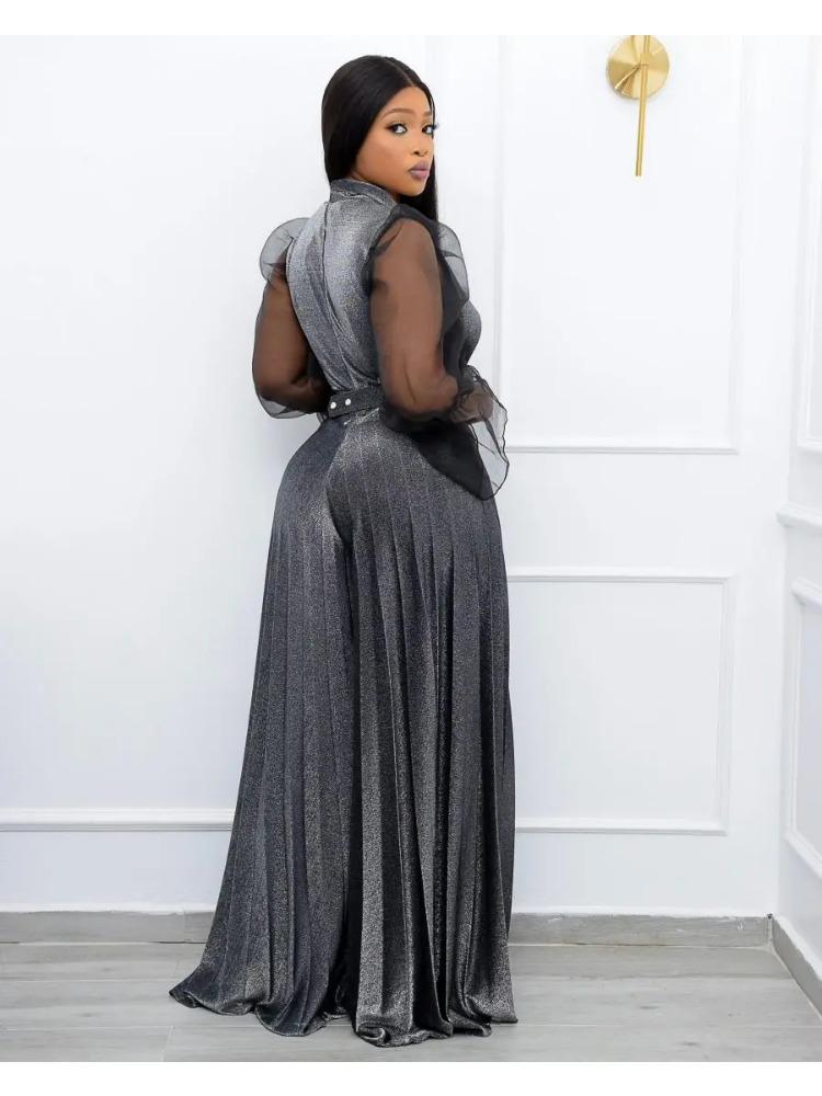 Женские бархатные комбинезоны больших размеров, прозрачные плиссированные широкие брюки с длинными рукавами, цельная одежда, винтажные элегантные вечерние комбинезоны