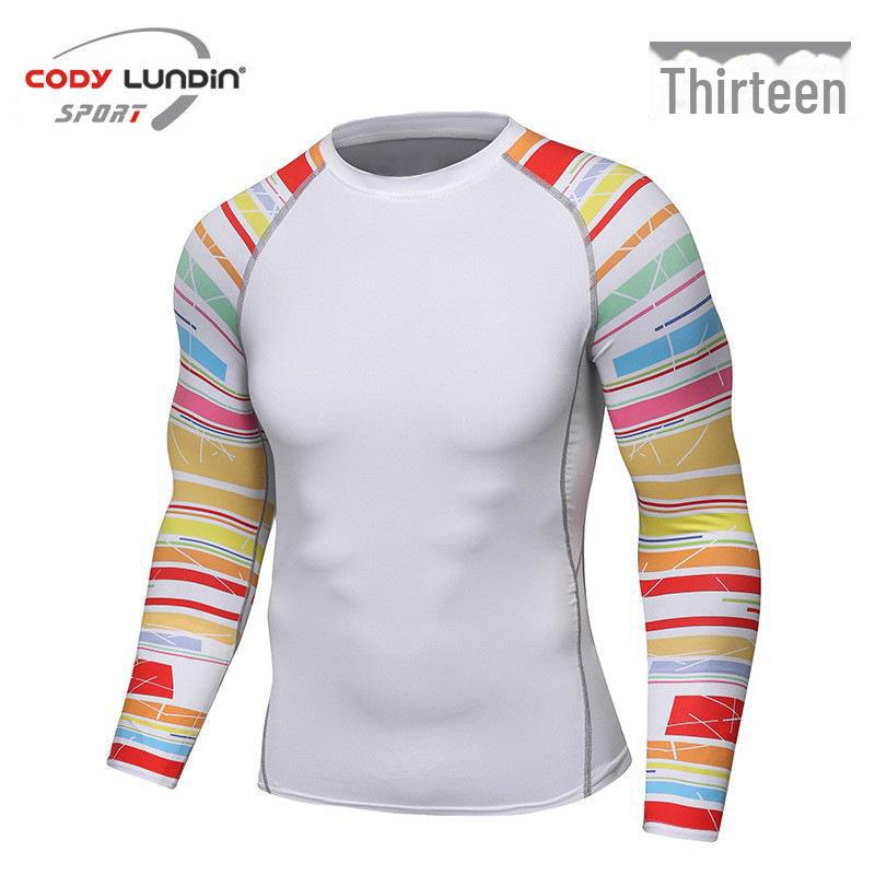 Мужская компрессионная футболка для бега с длинным рукавом и принтом, влагоотводящая, A038