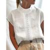 Vintage Summer White Tops Casual Women Cotton Linen Blouses Leisure Stand Collar Blouse