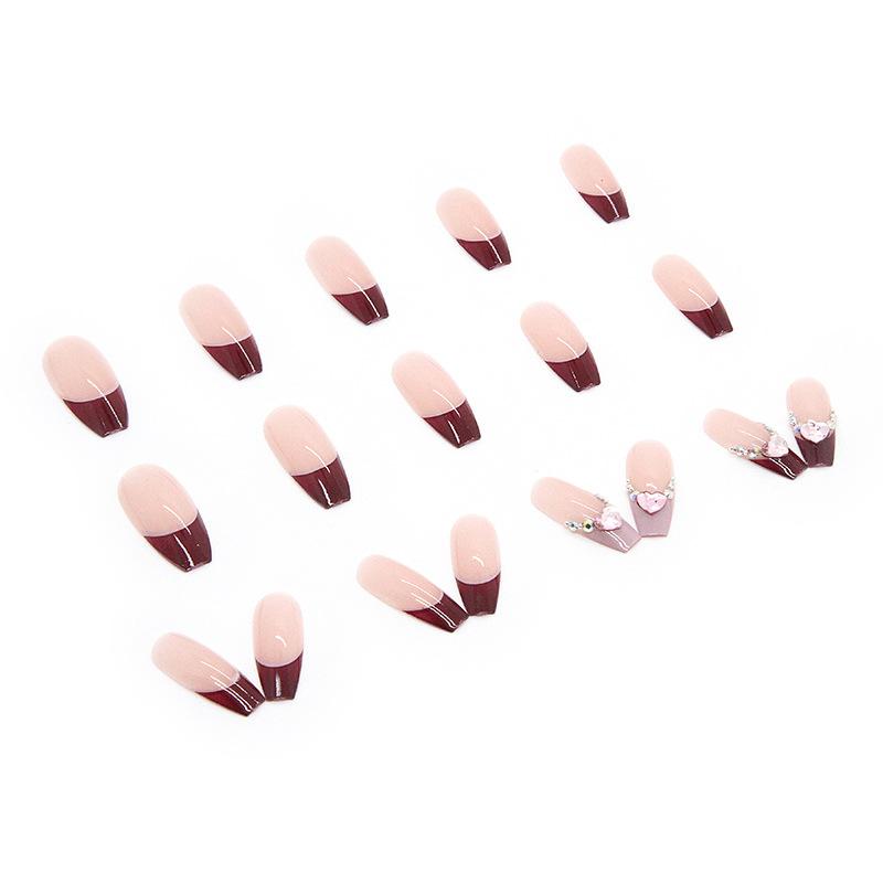 Wearing Armor Summer Long Diamond Nail Piece Powder Through Love Drip Diamond Jujube Red French Edge Finished Product Can Be