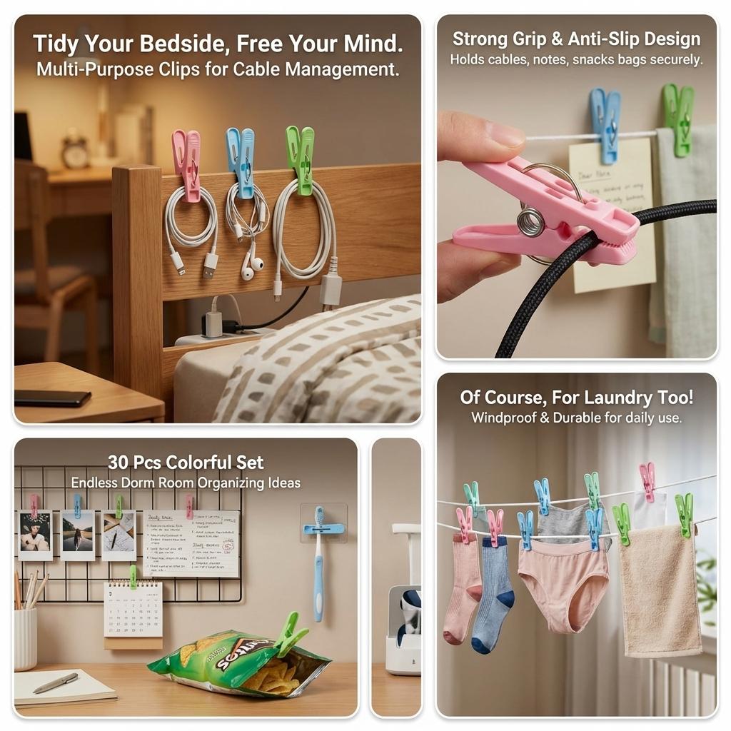 Plastic Clothespins 30 Pcs Strong Grip Anti Wind Durable Clips Multi Laundry Drying and Cable Organizer for Home Dorm Use