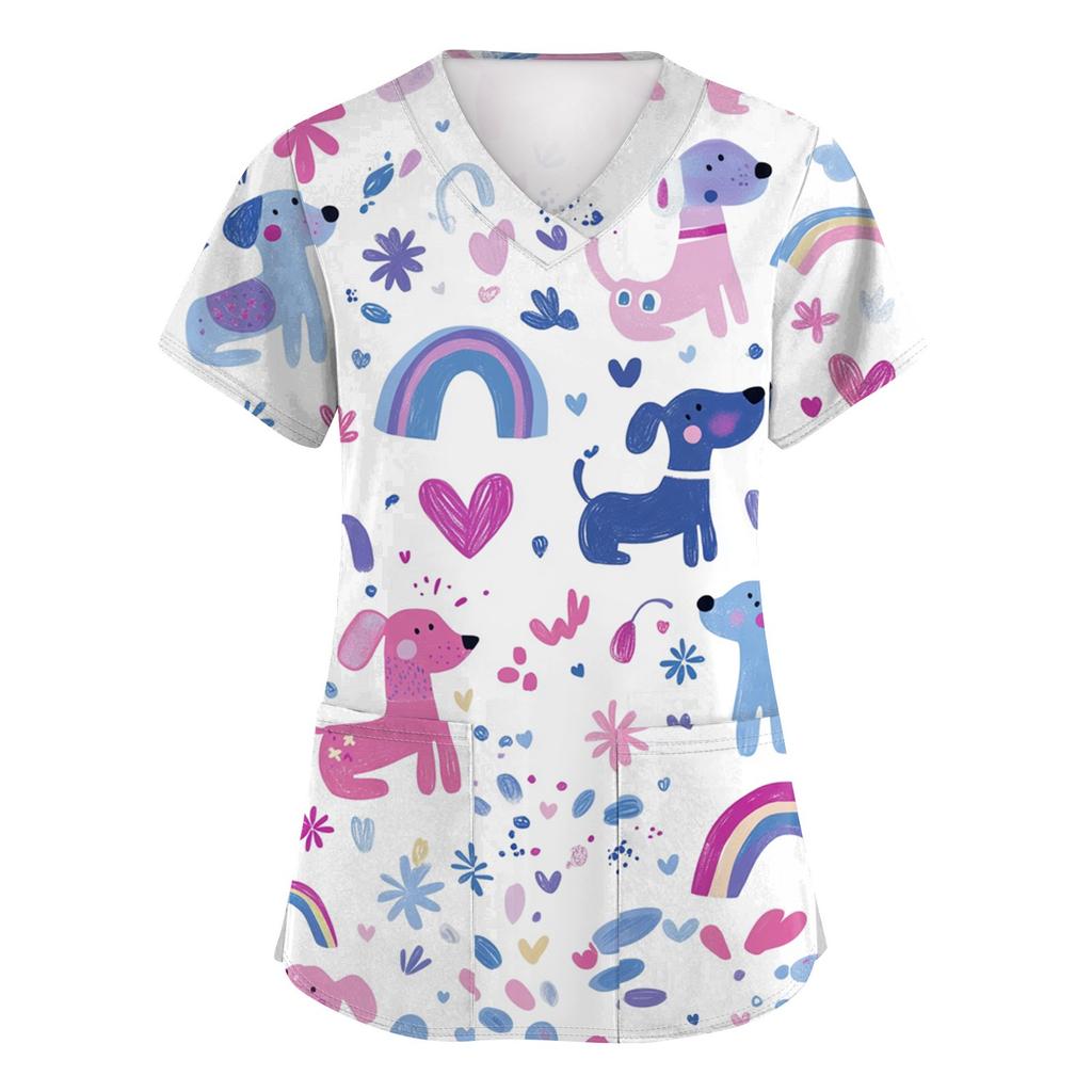 Женская модная футболка с короткими рукавами и v-образным вырезом с принтом, маленькая рабочая футболка с карманами
