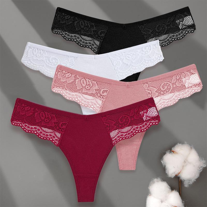 4PCS/Set Sexy V-Waist Women Cotton G-string S-XL Lace Lingerie Panties Thongs Femme Underwear Girls Underpant Intimates