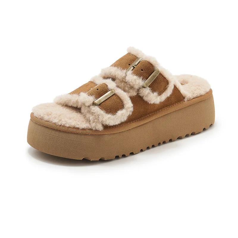 TRAF Women Black Thick Soled Slippers Vintage Faux Wool Thick Heel Flat Shoes 2024 Autumn Outdoor Casual Comfort Slippers