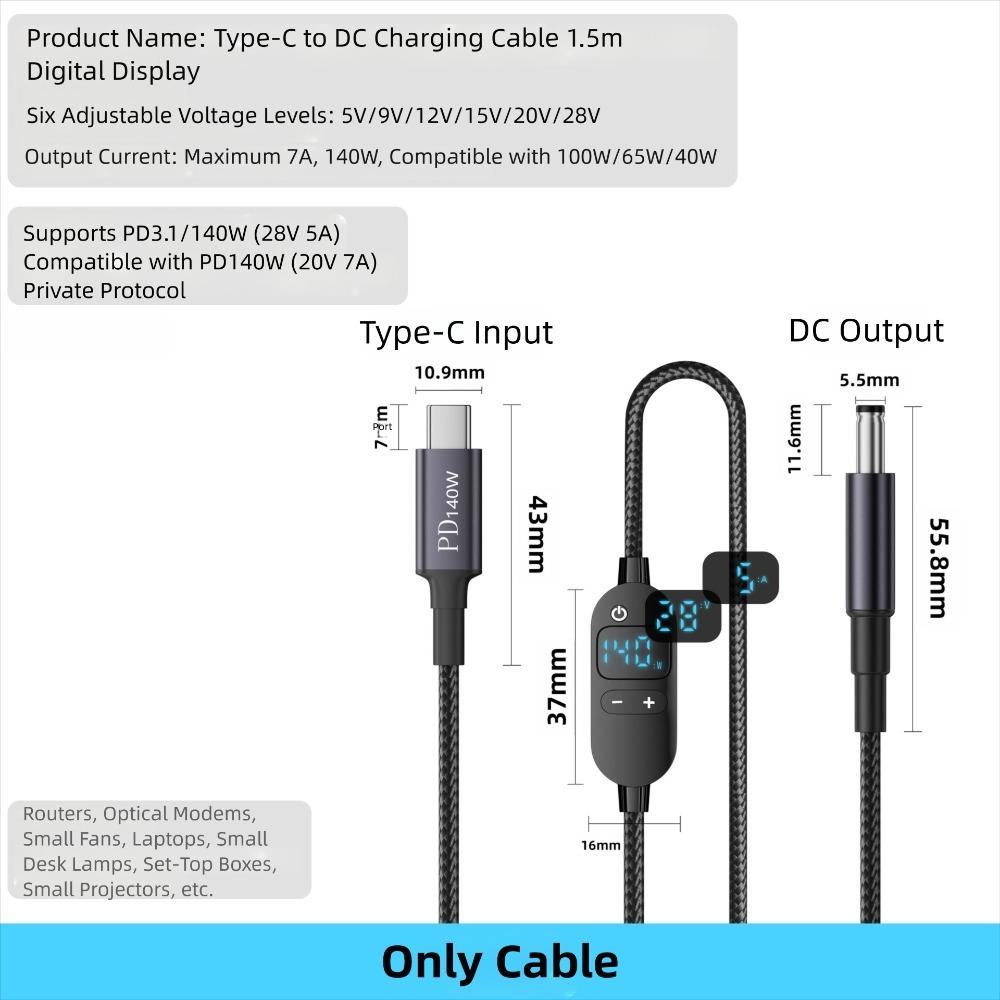 Digital Display Type-C to DC Power Cord 5V/9V/12V/15V/20V Boost Cable  Laptop Camera