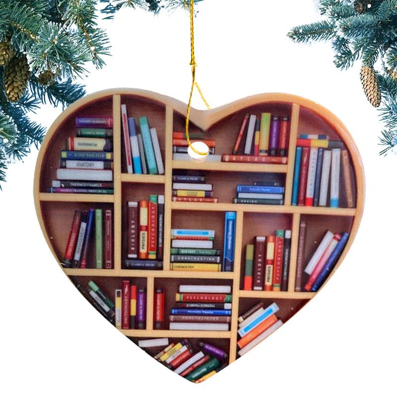 Украшения для книголюбов Деревянное сердце в форме книжной полки Читающий кулон Украшение для подвешивания на рождественскую елку Домашние рождественские украшения