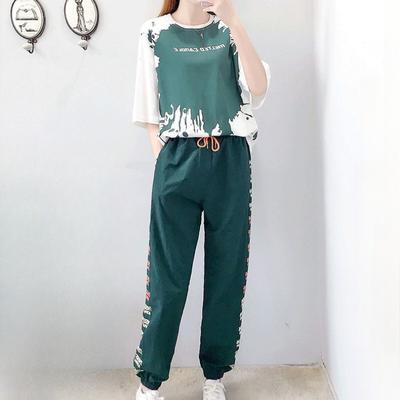 Повседневный спортивный комплект для женщин, свободные летние брюки-харен, длинные, короткие рукава, студенческий комплект из двух предметов