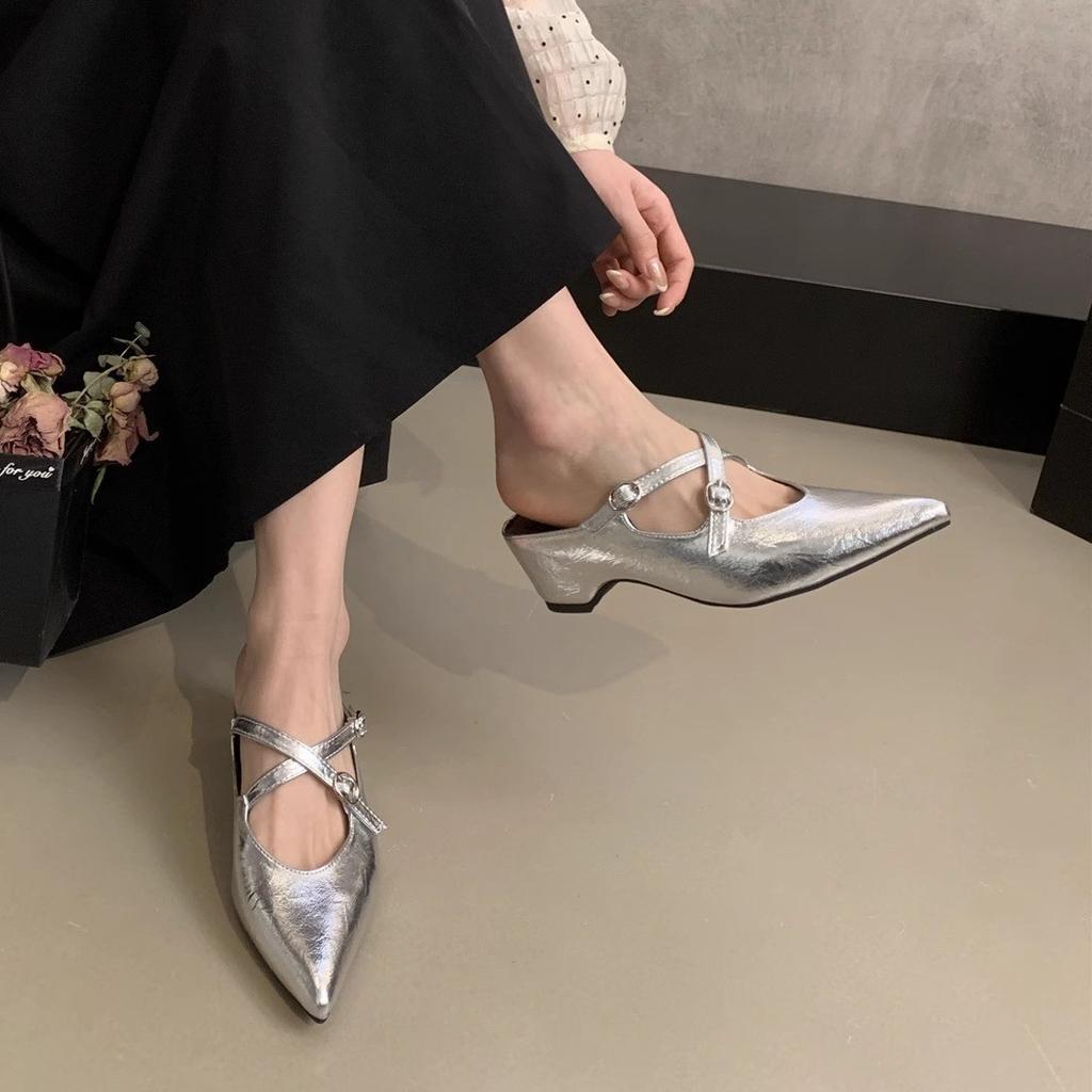 French Style with Skirt Half Slippers Women's Outer Wear 2025 Spring and Summer Bag Head Pointed Head Shallow Mouth Soft Bottom Inner Height Increase