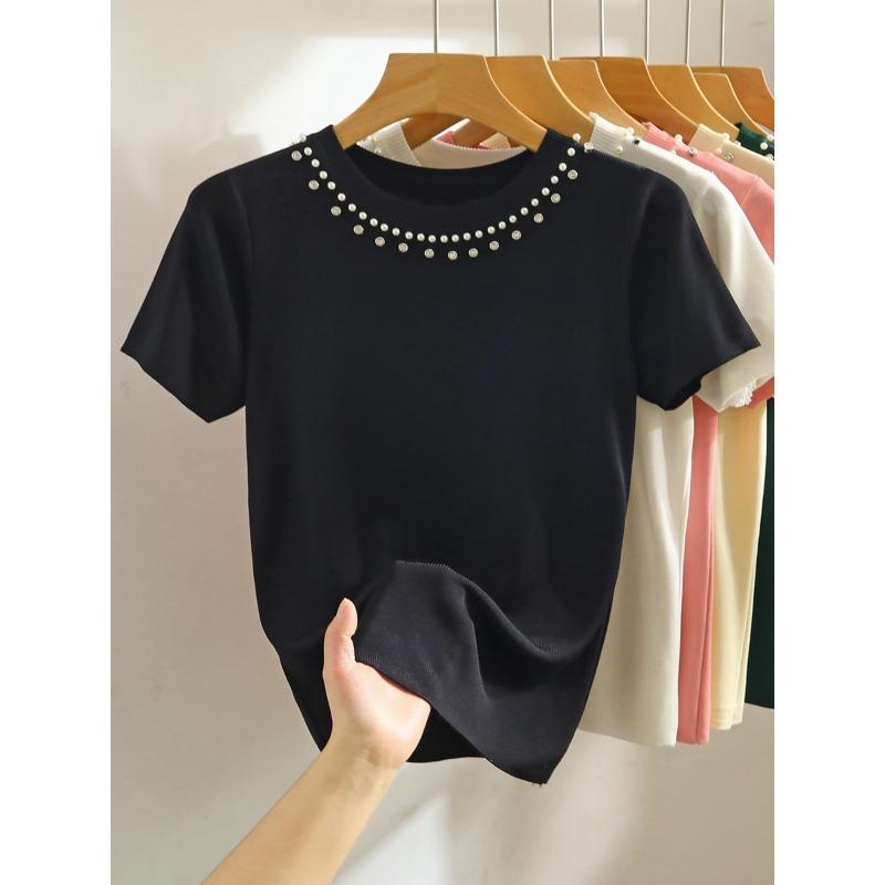 Women's Summer Short Sleeve Knitted T-shirt New Fashion O Neck Beaded Knit Elegant Short Top Female Casual Simple Solid Color Ladies Tshirt 3112