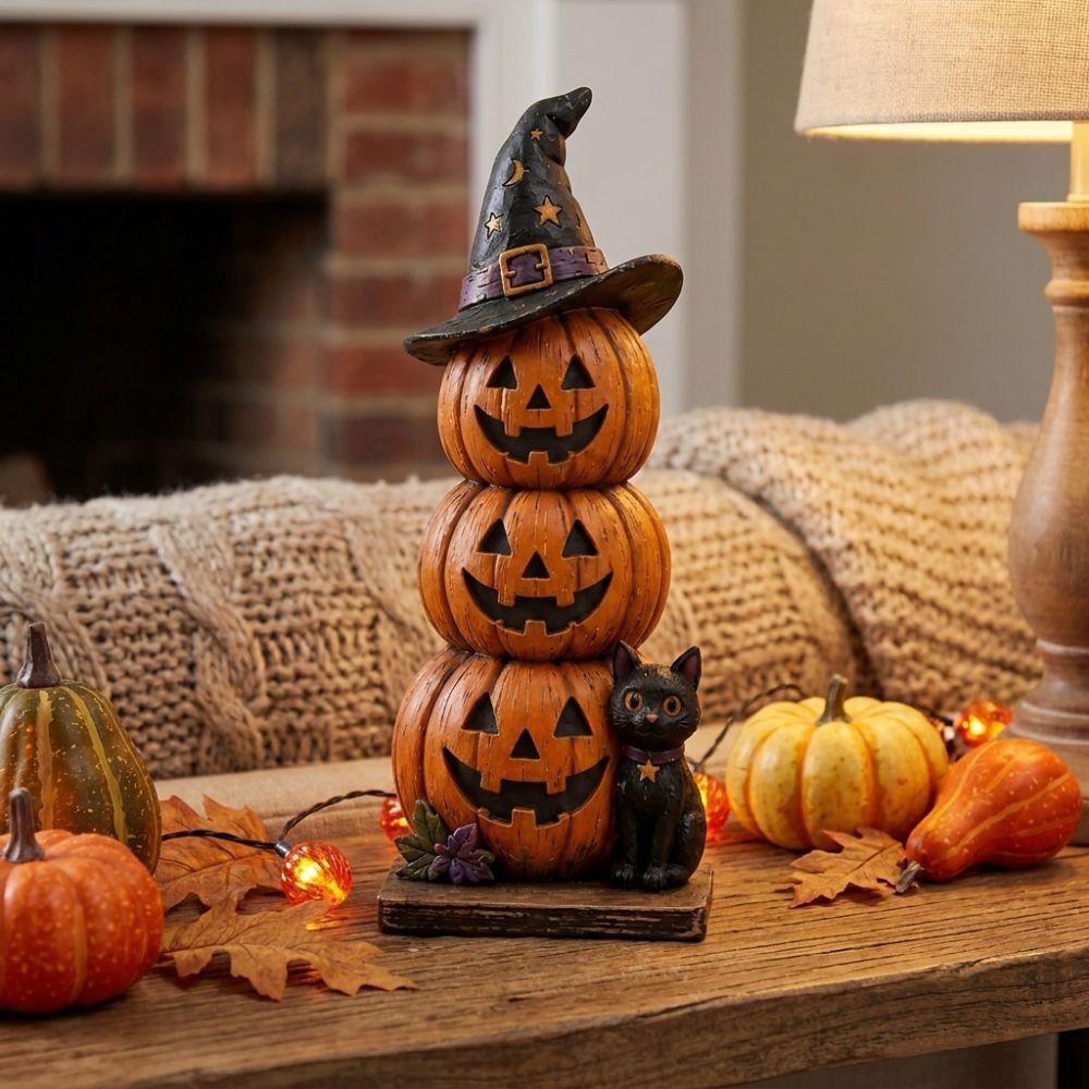 Vintage Wood Haunted House Statue 2D Flat Stacked Pumpkin Cart Ornament Mantel Decor